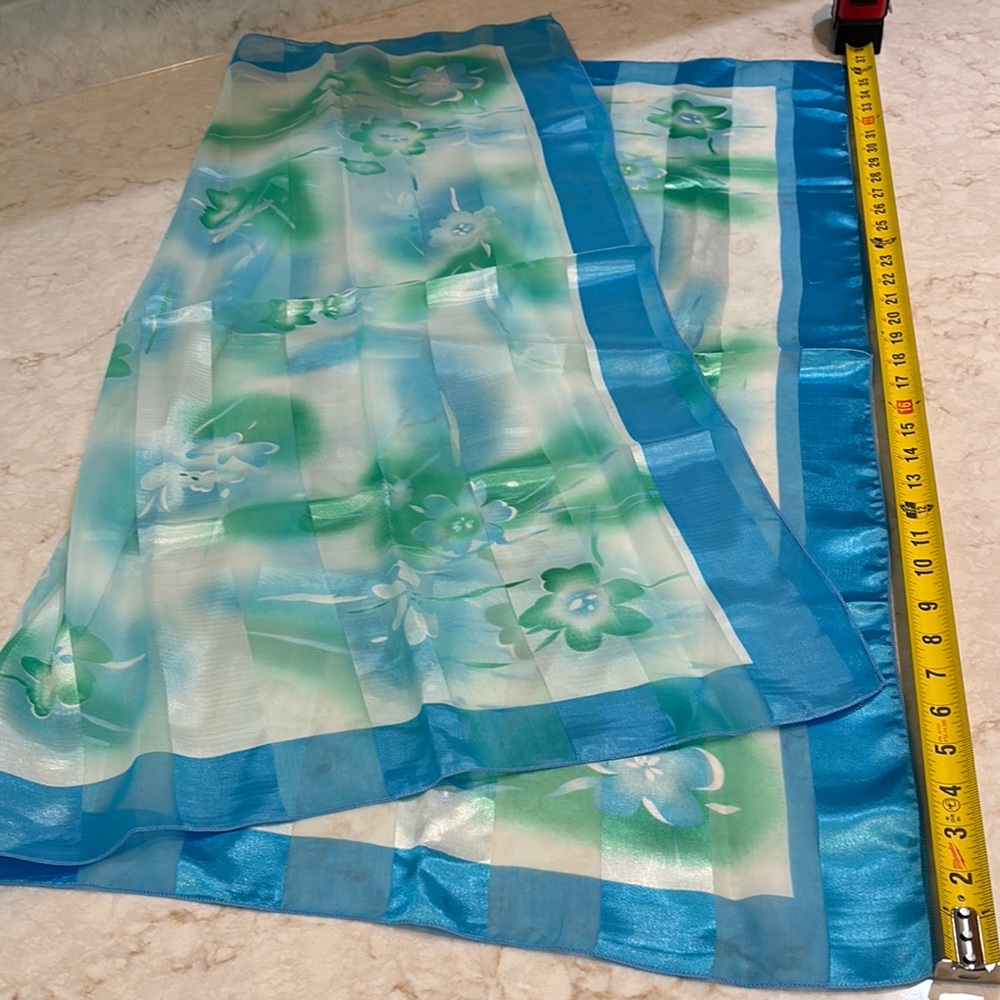 Floral Sheer Scarf with Blue and Green Accents